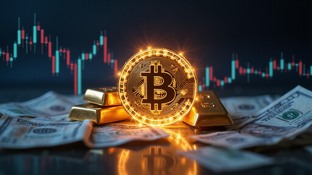 Abstract digital artwork featuring a glowing Bitcoin coin in the center, overlayed with transparent stock market charts, candlestick graphs, and subtle gold bars and US dollar bills in the background