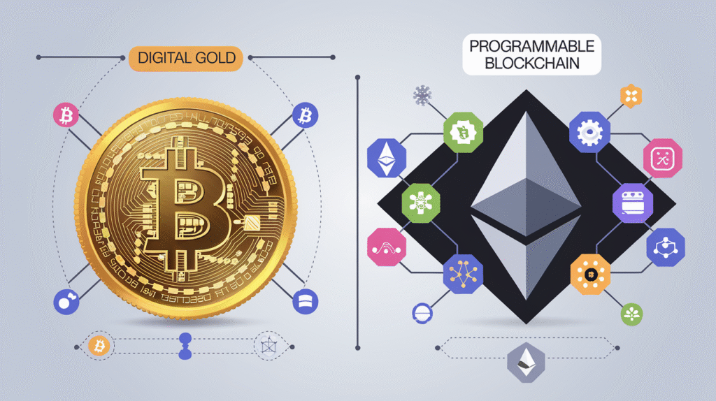 Ethereum vs Bitcoin explained visually as programmable blockchain vs digital gold