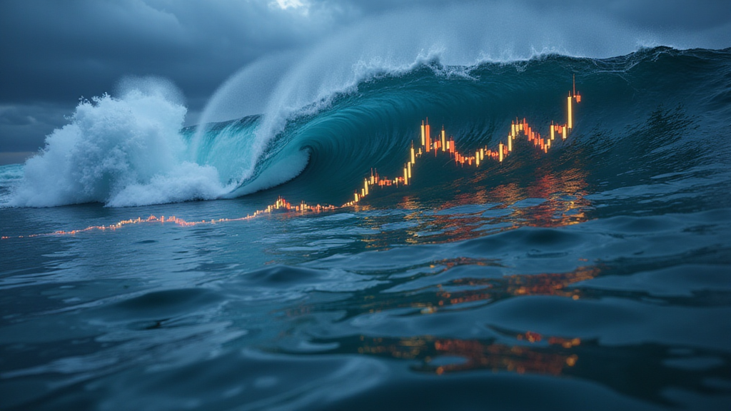 Concept art showing daily chart as tide, 1-hour chart as waves, and 1-minute chart as ripples blended with candlestick charts.