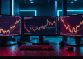 image showing technical analysis using multiple timeframes with side-by-side 1m, 1h, and daily charts on trading monitors.