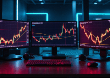 image showing technical analysis using multiple timeframes with side-by-side 1m, 1h, and daily charts on trading monitors.