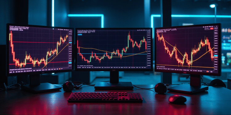 image showing technical analysis using multiple timeframes with side-by-side 1m, 1h, and daily charts on trading monitors.