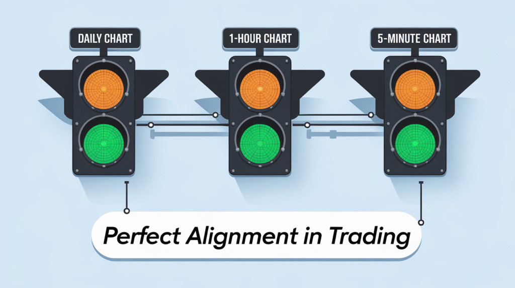 Infographic showing timeframe alignment in trading using a traffic light metaphor.