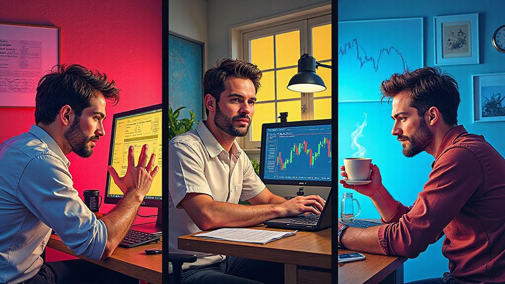 Illustration of how trading psychology matches different timeframes: scalping, swing trading, and 1-hour balance.