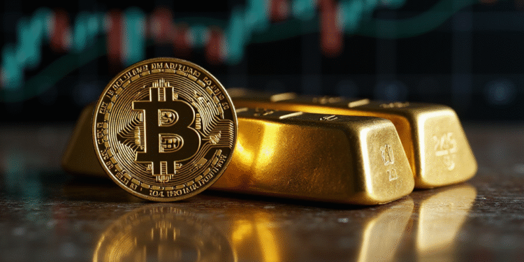 Picture of a Representation of Bitcoin with 2 Gold Bars. Benefits of Bitcoin as a modern asset class compared to gold and traditional investments.